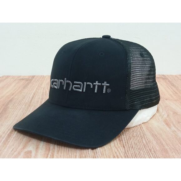 Carhartt Men's Hat Cap Snap Back Black Gray Mesh Trucker Embroidered Workwear - Picture 1 of 9
